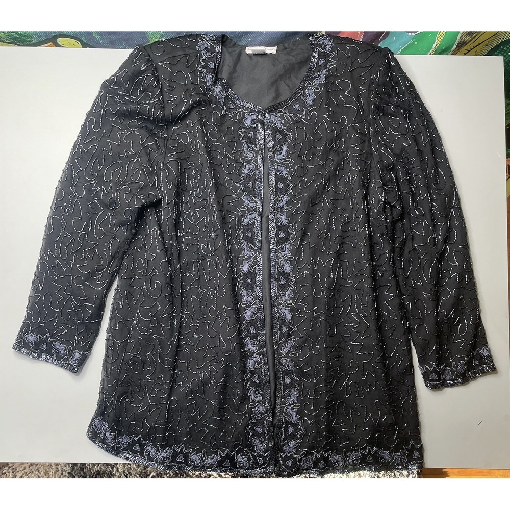 Laurence Kazar Beaded Silk Jacket Womens 2X Black Vintage 90s Evening Cardigan